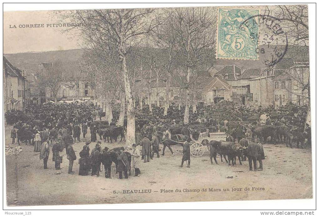 19 - BEAULIEU Sur DORDOGNE  - ""  Place Du Champ De Mars Un Jour De Foire  "" Très Animée Attelages, Bétails. - Other & Unclassified