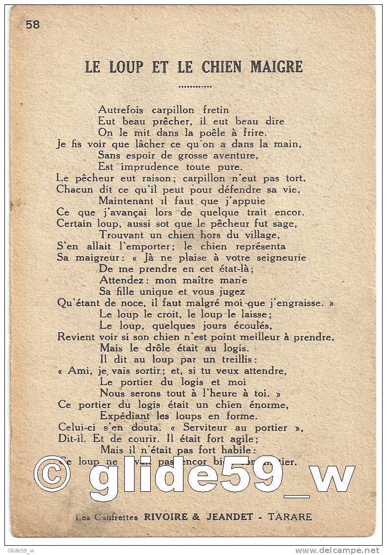 Image Le Loup Et Le Chien Maigre - Fables De La Fontaine - (Gaufrettes Rivoire Et Jeandet - Tarare) - N° 58 - Sonstige & Ohne Zuordnung