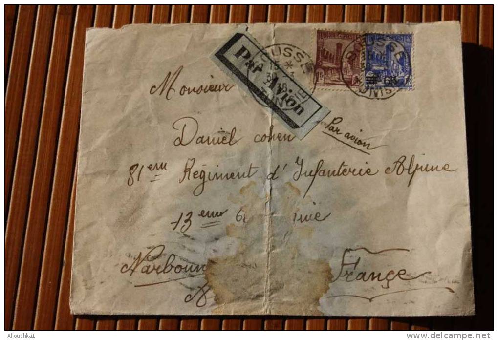 MILITARIA JUDAICA LETTRE>SOUSSE TUNISIE Pr 8é REGIMENT INFANTERIE ALPINE 13é CIE à NARBONNE FLAMME KRAG NARBONNE VERSO - Lettres & Documents