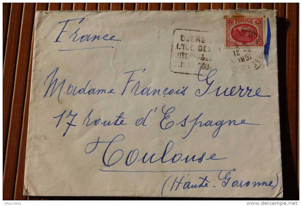 LETTRE DE TUNISIE:ILE DES LOTHOPHAGES EN PROTECTORAT FRANCAIS- 1951 TIMBRE A DATE CAD DAGUIN   > P/ TOULOUSE - Brieven En Documenten