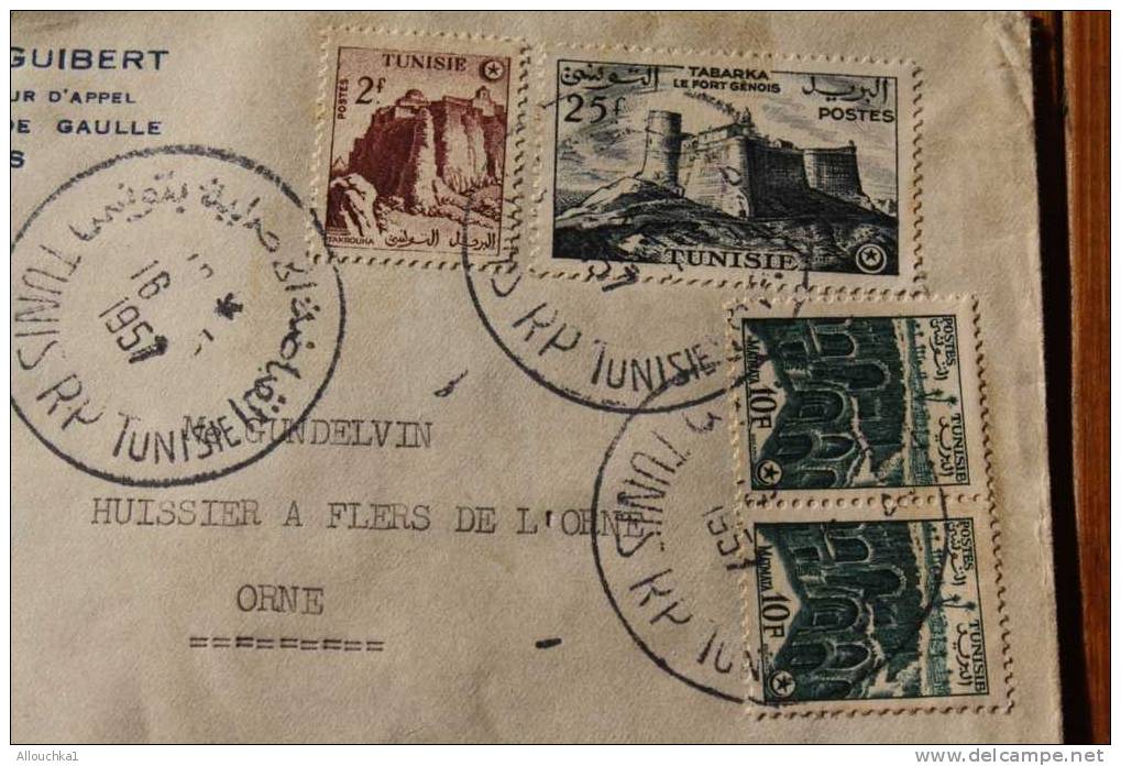 LETTRE : TUNIS RP  > TUNISIE: PROTECTORAT FRANCAIS- 1957 > TROIS GRANDS  TIMBRES A DATE ECRITURE MIXTE  >P/FLERS FRANCE - Lettres & Documents