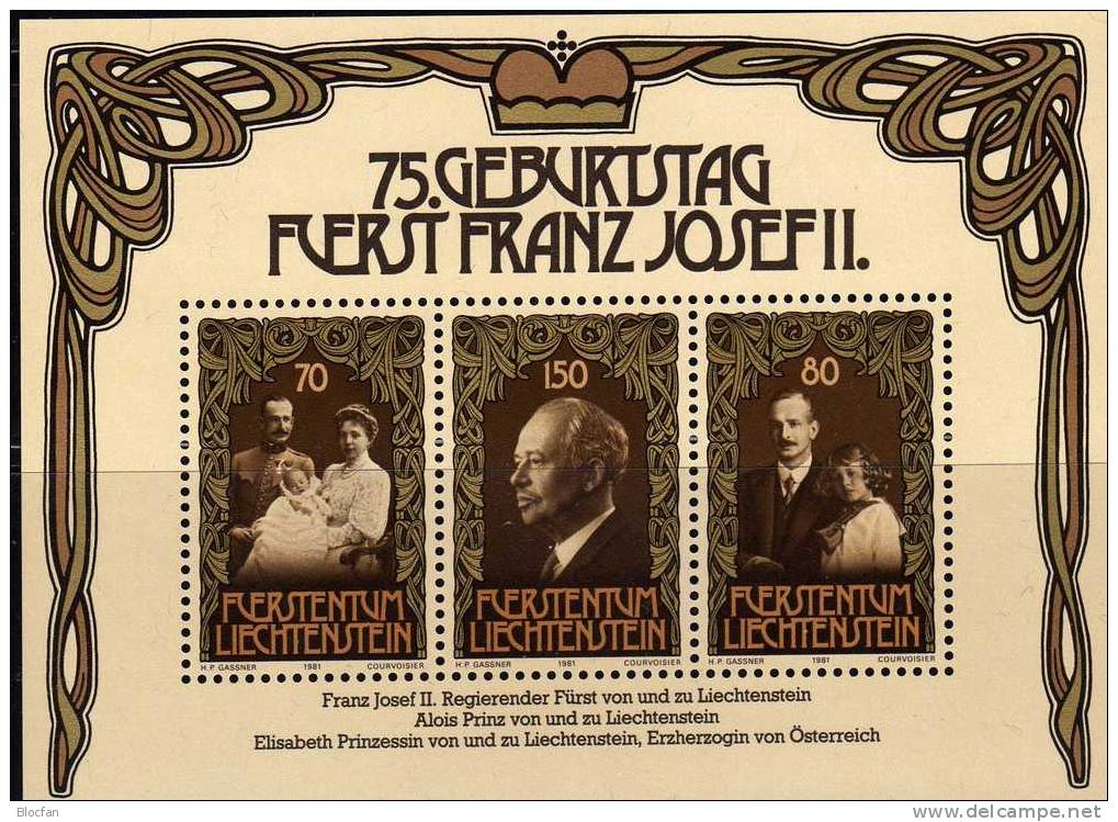 Se-tenant 75.Geburtstag Franz Josef II. Liechtenstein 770/2, 3xZD,2ER+ Block 11 ** 20€ Fürsten Familie 1981 Sheet Europa - Collections