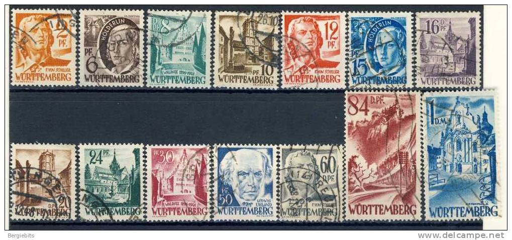 Germany French Zone VF Used  Complete Set Of 14  " 2nd Issue Wuerttemberg "  Stamps - Other & Unclassified