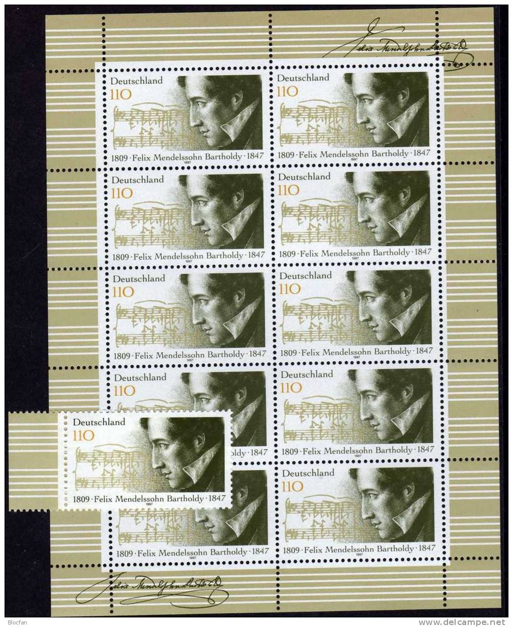 Felix Mendelssohn Bartholdy 1997 BRD 1953 Plus 10-Kleinbogen ** 13€ Partitur Des Komponisten Music Sheetlet From Germany - Musique