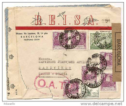 España 1945. Correo Aereo De Barcelona A Sandviken. Doble Censura. O.A.T. - Marcas De Censura Nacional