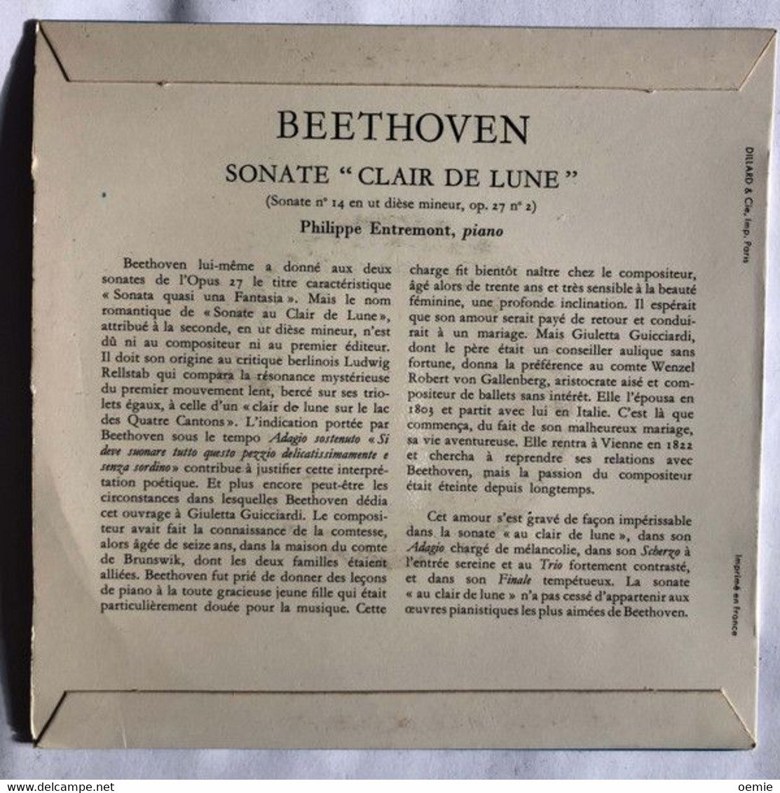 PHILIPPE ENTREMONT  °  PIANO  ° BEETHOVEN  °  SONATE No 14 EN UT DIEZE MINEUR  CLAIR DE LUNE - Clásica