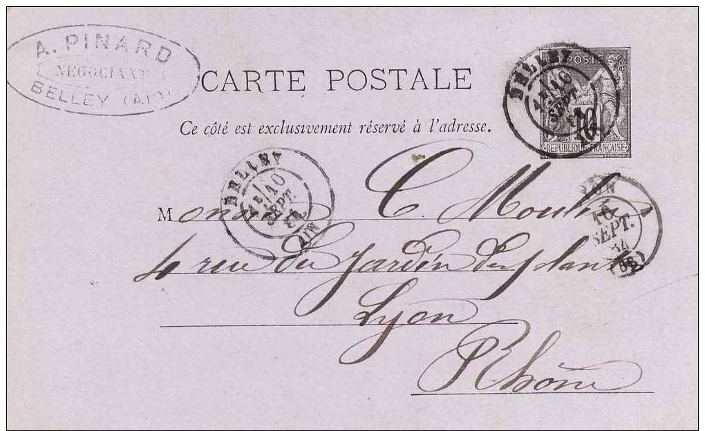 Publicité - A Pinard Négociant Belley Carte Postale De 1884 Timbre Type Sage 10 C Départ Belley Arrivée Lyon - Publicité