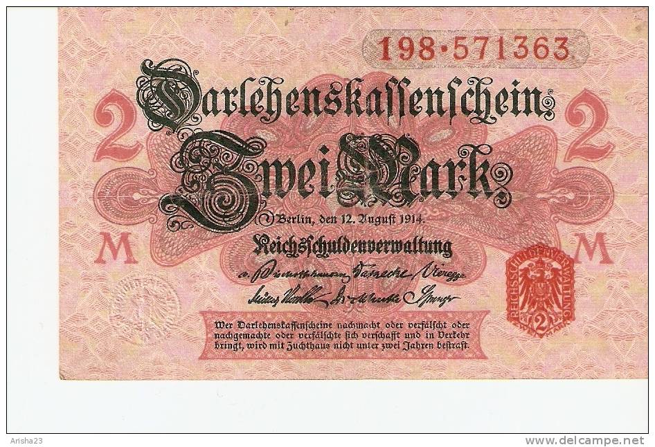 FA. Germany, Berlin 2 Mark 1914 - Ser. 198 . 571363 - 2 Mark