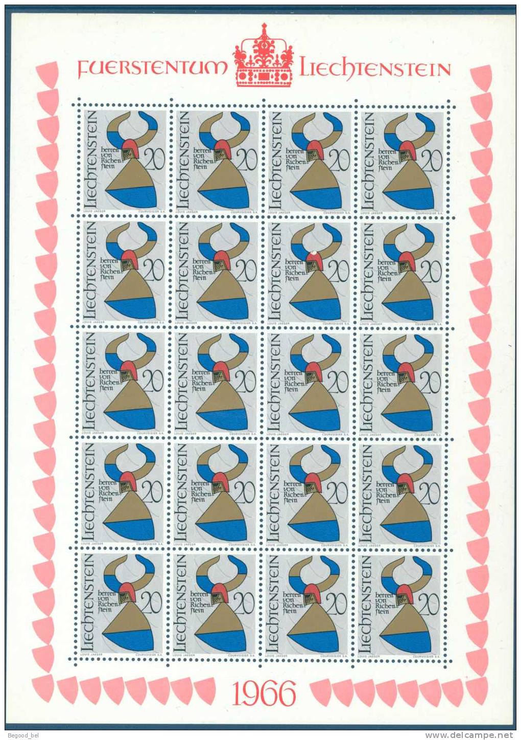 LIECHTENSTEIN - 1966 - MNH/*** LUXE - WAPPEN ARMES - Mi 465-468 Yv 413-416 -  Lot 2899 SHEET OF 20 - Blocs & Feuillets