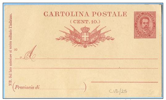 INTERI 1890 CARTOLINA POSTALE C. 10 UMBERTO NUOVA SPLENDIDA FILAGRANO C15 E. 25  (CC126) - Interi Postali