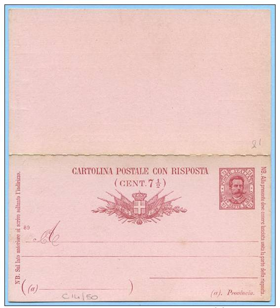 INTERI 1889 CARTOLINA POSTALE CON RISPOSTA C. 7,5+7,5 UMBERTO NUOVA SPLENDIDA FILAGRANO C14 E. 50  (CC128) - Interi Postali