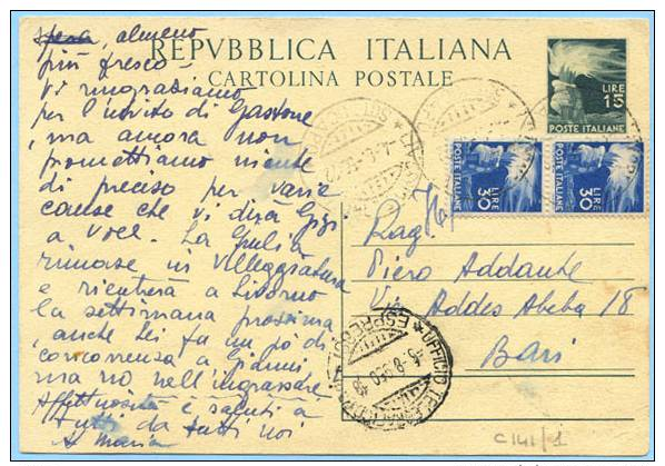 STORIA POSTALE 1950 CARTOLINA DEMOCRATICA L.15+L.30 COPPIA USO ESPRESSO 5.8.50 TIMBRO UFFICIO TELEGRAFICO ESPRESSI(CC115 - 1946-60: Marcophilie