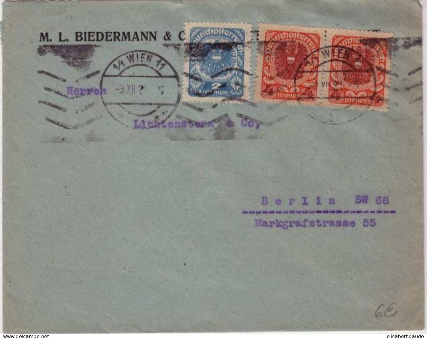ÖSTERREICH - 1921 - ANK N° 315+317x2 Sur LETTRE COMMERCIALE De WIEN Pour BERLIN - Storia Postale