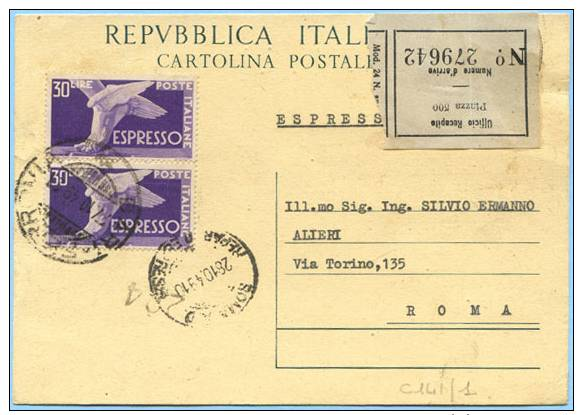 STORIA POSTALE 1949 CARTOLINA POST. DEMOCRATICA L15+ESPRESSO L.60 COPPIA 27.10.49 RARA TARIFFA RACCOMAND. ESPRESSO(CC111 - 1946-60: Storia Postale