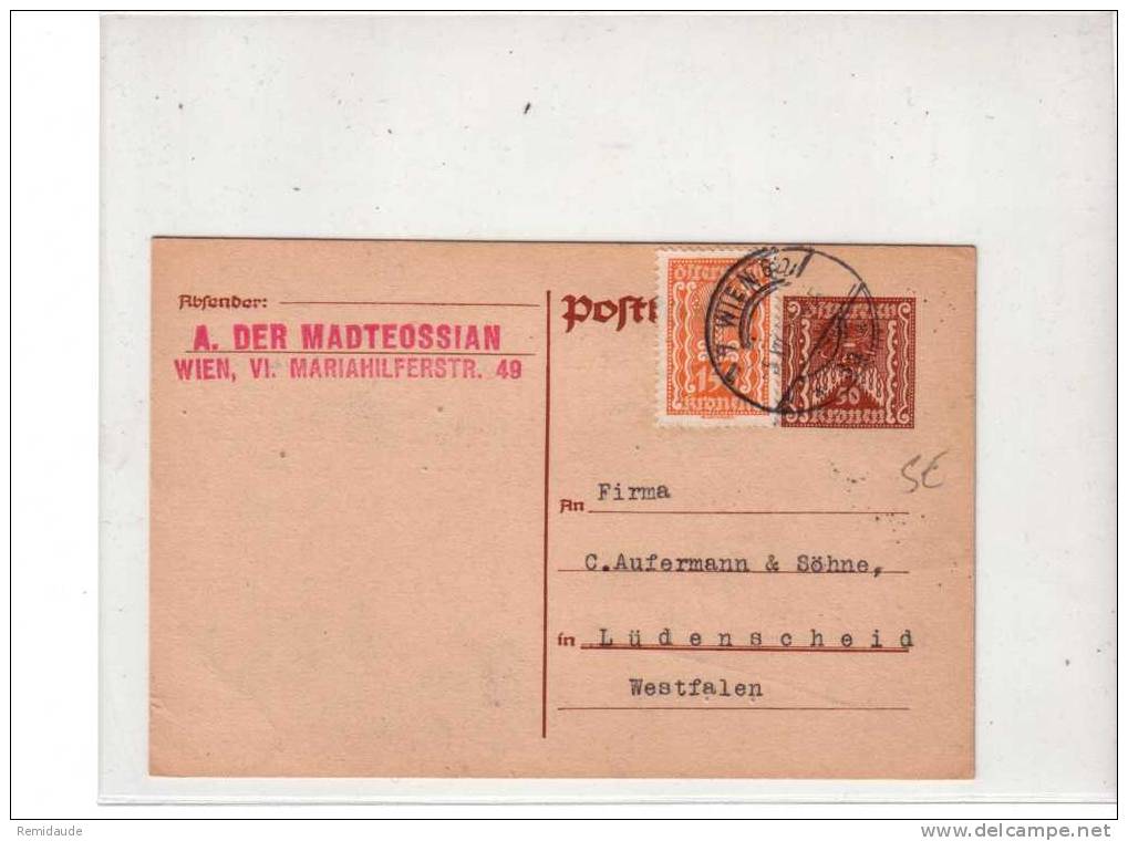 AUTRICHE - DEC 1922 - INFLATION : TARIF = 200 Kr. - CARTE POSTALE ENTIER De WIEN Pour L´ALLEMAGNE (WESTFALEN) - Lettres & Documents