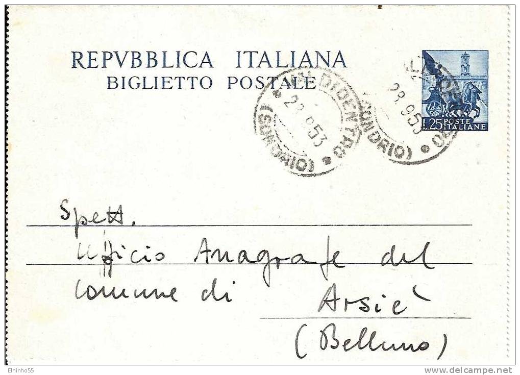1953 Repubblica Biglietto Postale L. 25 Quadriga Da Valdidentro Per Arsiè - Entiers Postaux