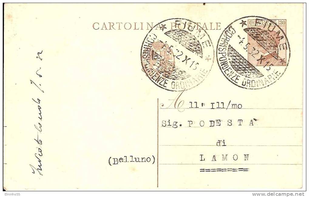 1932 Cartolina Postale C. 30 Da Fiume Per Lamon - Interi Postali