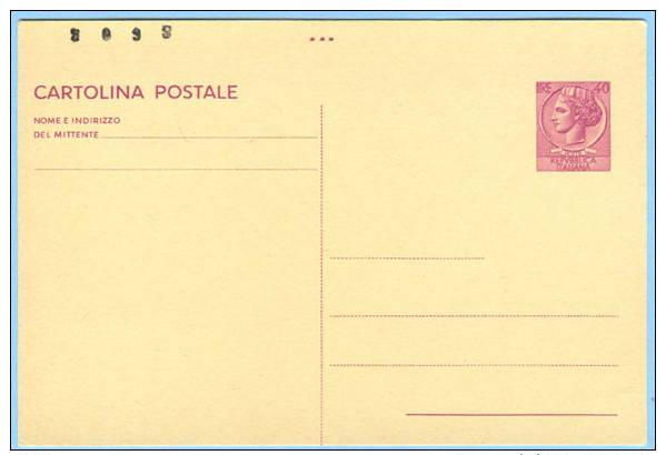 INTERI 1966 CARTOLINA SIRACUSANA L.40 VARIETÀ TAGLIO SPOSTATO NUMERO IN ALTO E ASSENZA ULTIMA...VEDI DESCRIZIONE(DC1599) - Interi Postali