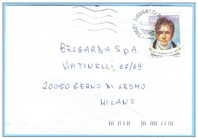 STORIA POSTALE 2001 SPONTINI L. 800 ISOLATO BUSTA VIAGGIATA (372) - 2001-10: Storia Postale