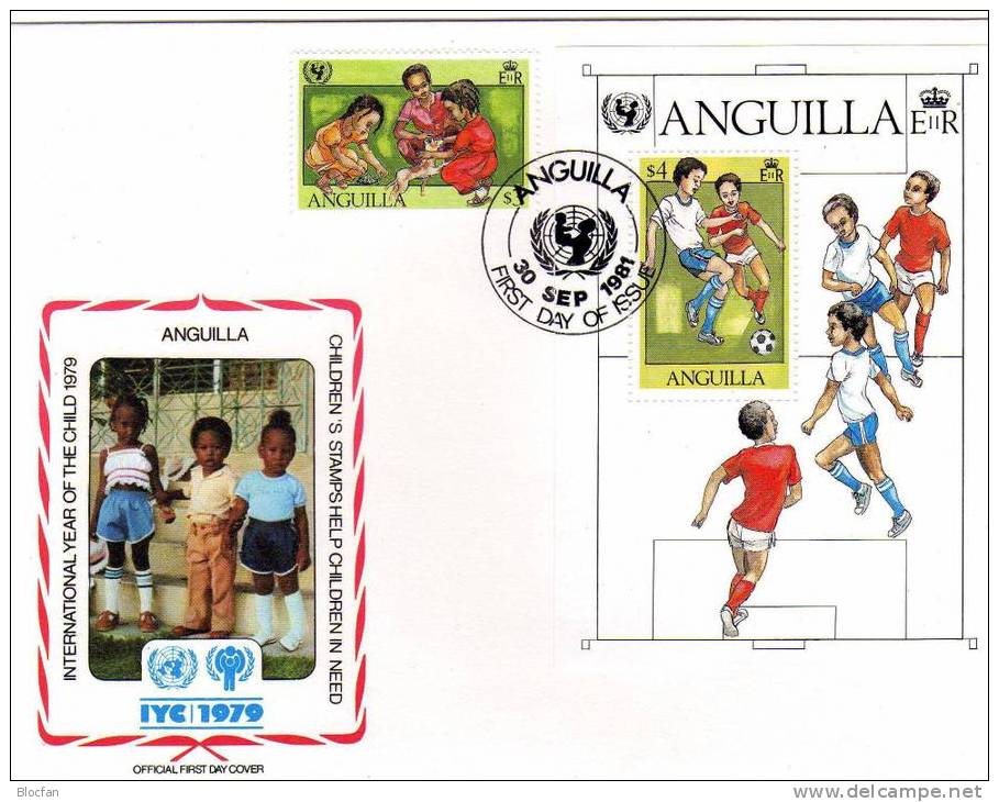 UNO Jahr Des Kindes 1979 Spiel Der Kinder Am Strand Anguilla 446/9 Plus Block 39 FDC 16€ UNICEF Cover From America - Anguilla (1968-...)