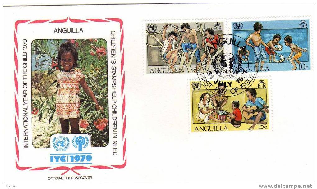 UNO Jahr Des Kindes 1979 Spiel Der Kinder Am Strand Anguilla 446/9 Plus Block 39 FDC 16€ UNICEF Cover From America - Anguilla (1968-...)