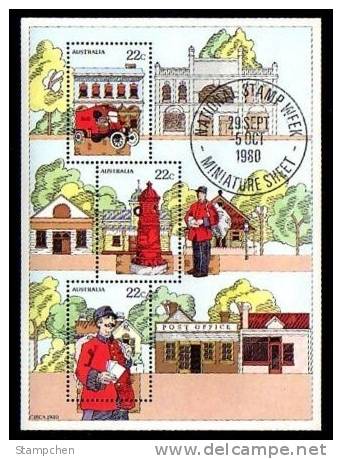 Australia 1980 National Stamp Week Stamps S/s Mailman Mailbox Truck Post Office Comic - Vrachtwagens