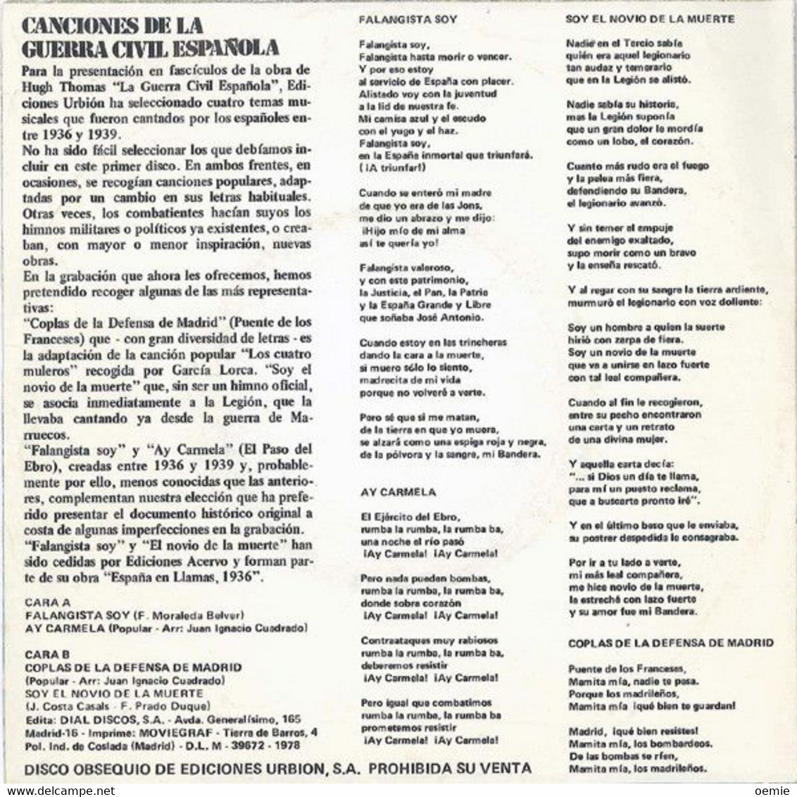 CANCIONES DE LA GUERRA CIVIL  ESPAGNOLES °   PROMO - Autres - Musique Espagnole