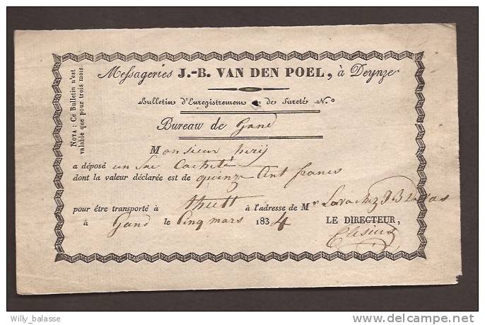 Belgique Précurseur 1834 Messageries VAN DEN POEL De Deinze Du Bureau De Gand. - 1830-1849 (Belgica Independiente)