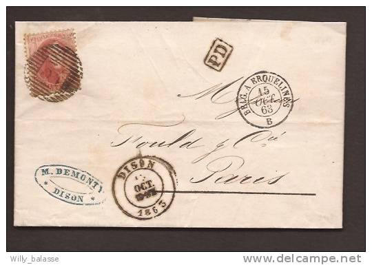 Belgique 1863 Lettre Affr. N°16 P34 Dison. Rare - 1863-1864 Médaillons (13/16)