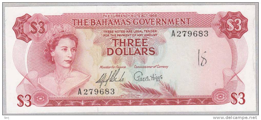 BAHAMAS 3 DOLLARS L. 1965 AXF P 19a  19 A - Bahamas