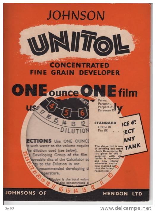 Johnson Unitol ° Concentrated Fine Grain Developer ° Johnsons Of Hendon Ltd. - Autres & Non Classés