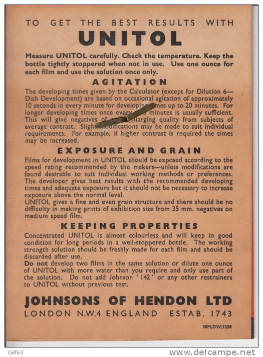 Johnson Unitol ° Concentrated Fine Grain Developer ° Johnsons Of Hendon Ltd. - Autres & Non Classés