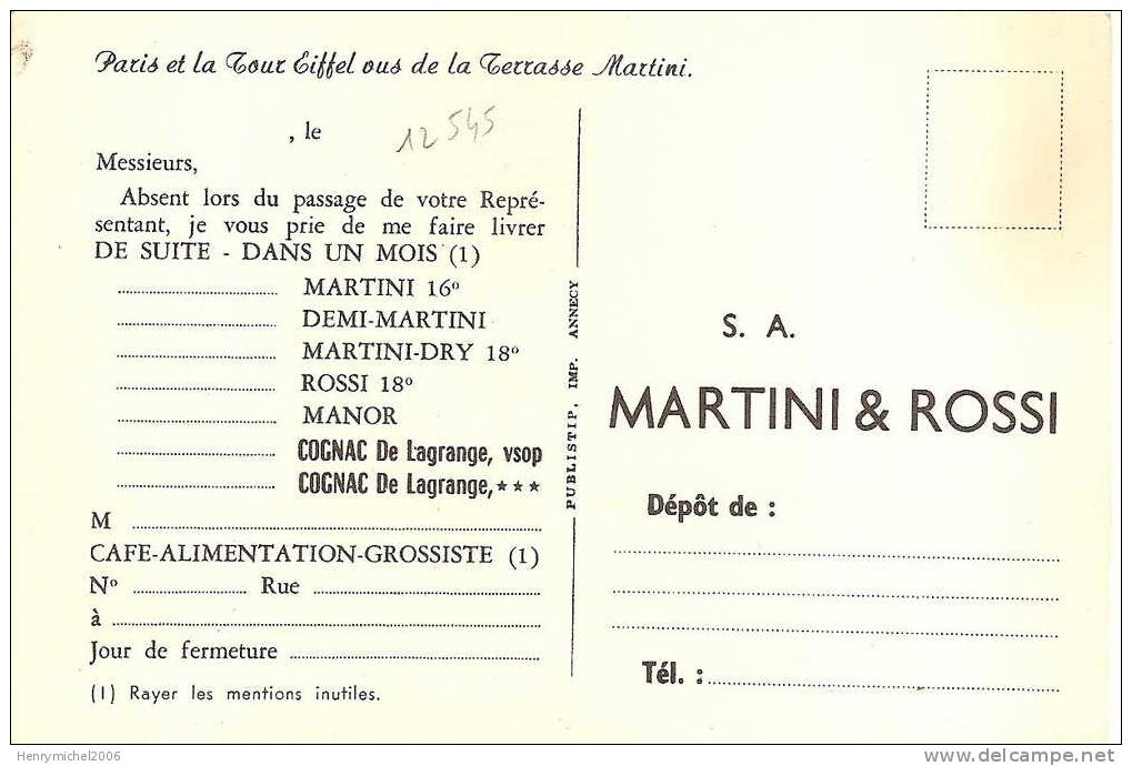 Publicité Martini Et Rossi , La Terrasse Sur La Tour Eiffel A Paris ( 2 Scans) - Pubblicitari