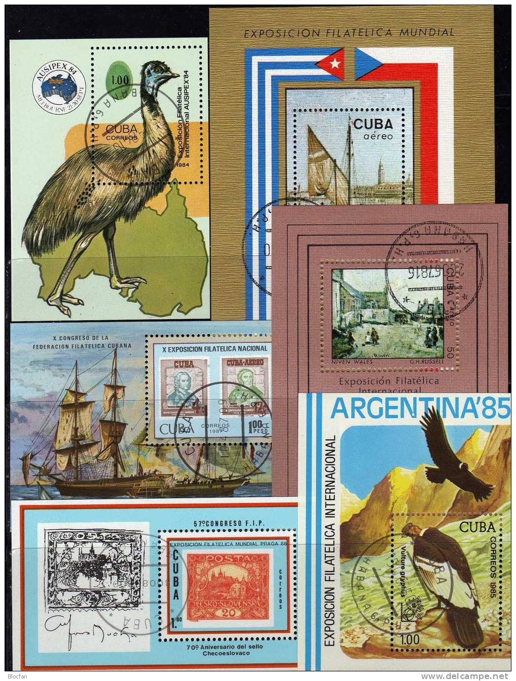 EXPO Ausstellung Kuba 6 Blocks O 23€ Gemälde Schiff Vogel Stamp On Stamp Kondor-Flug M/s Philatelic Bloc Sheet Bf Cuba - Collections, Lots & Series