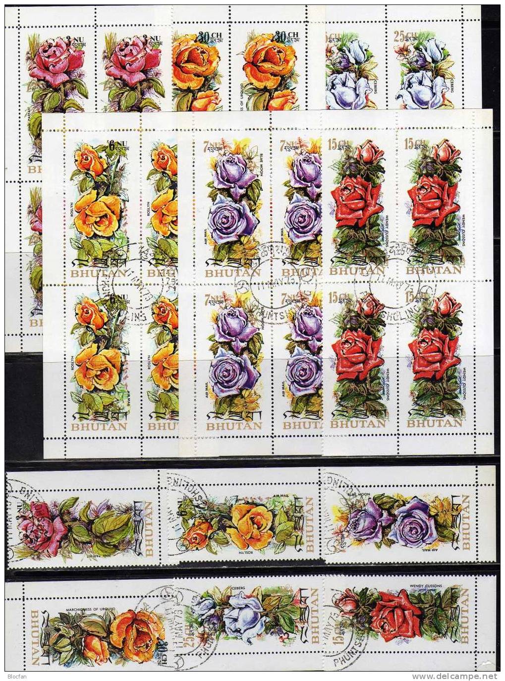 Rosen-Set Bhutan 545/50 Plus Kleinbogen O 55€ Duftende Rose 1973 Bf M/s Flora Rose Iceberg Bloc Flower Sheetlet Of Asia - Colecciones (en álbumes)
