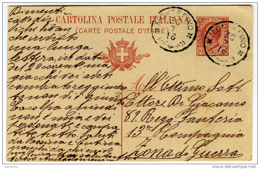 CARTOLINA DA ZONA DI GUERRA 10C.-BOLLO DI MONTEFINO(TE) - Stamped Stationery