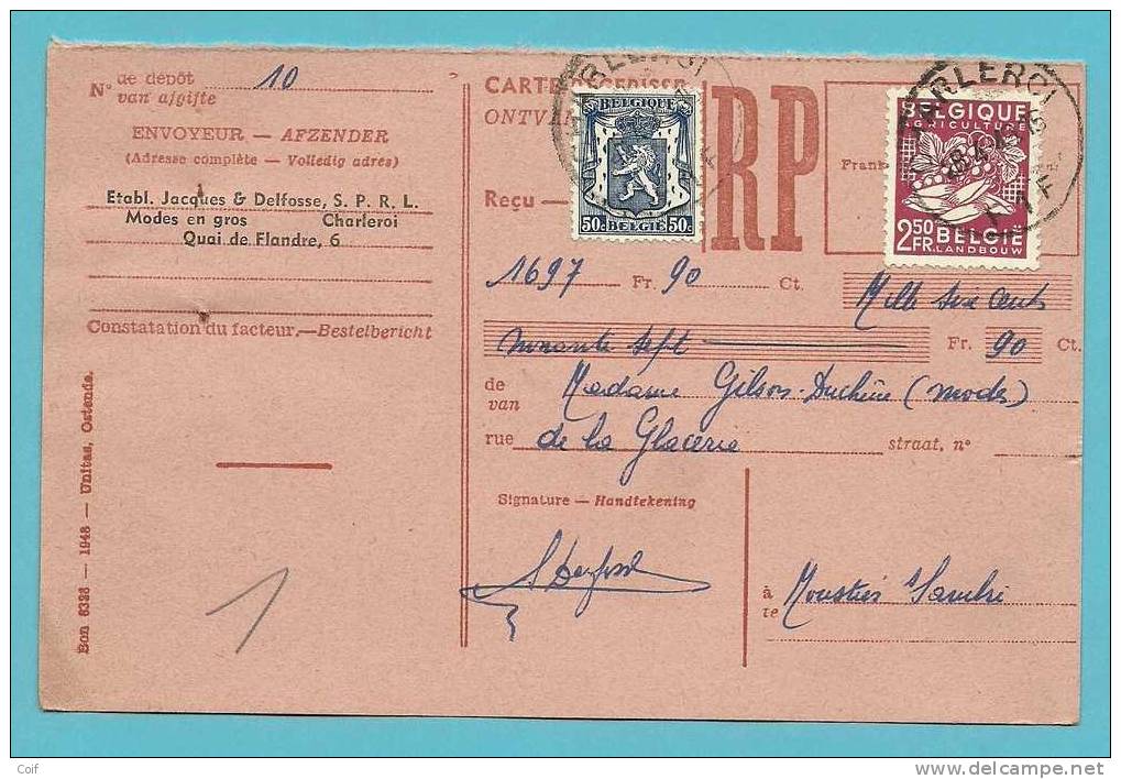 426+769 Op Ontvangkaart/Carte-récépissé Met Stempel CHARLEROI (VK) - 1948 Exportación