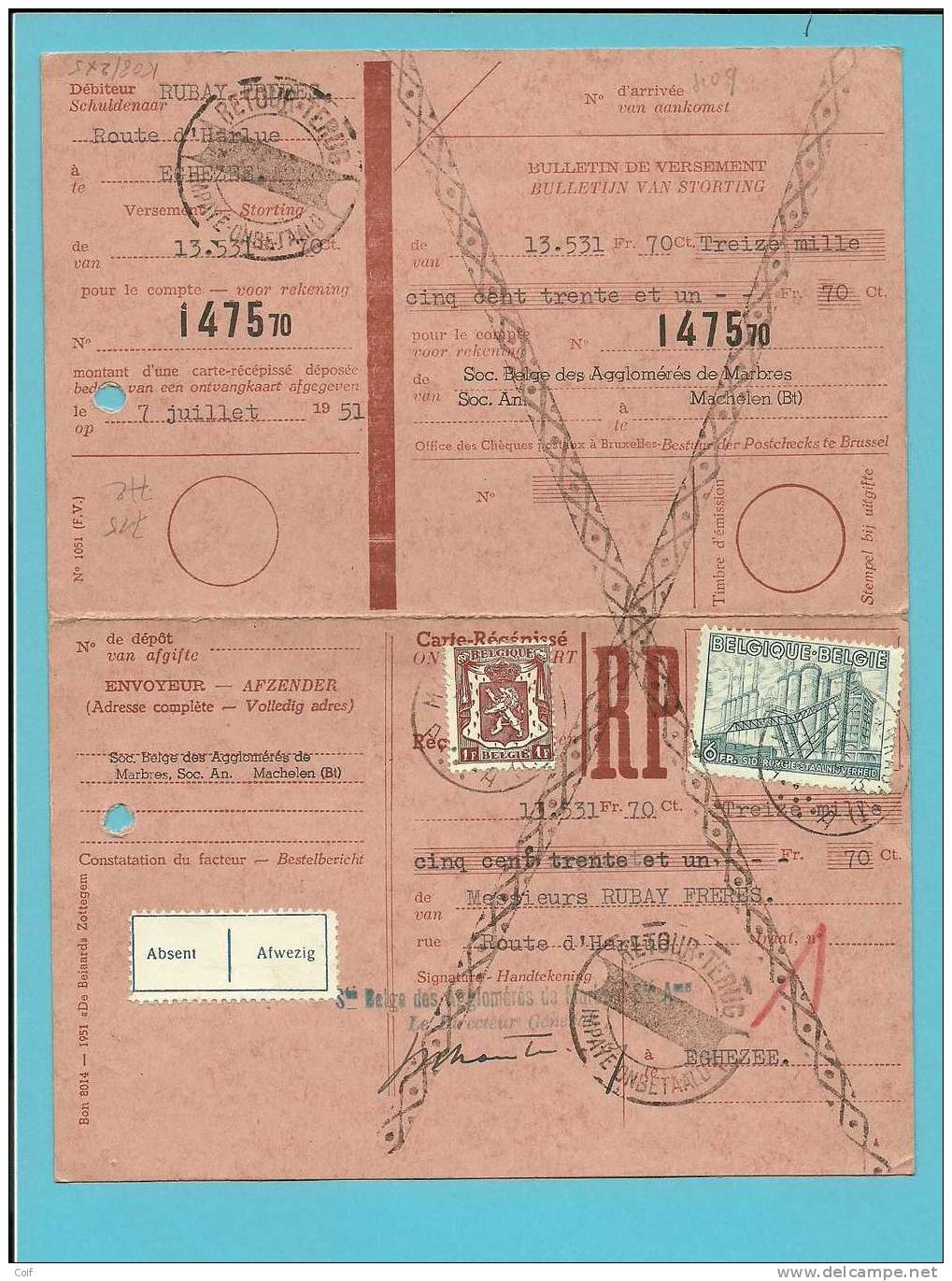 715+772 Op Ontvangkaart/Carte-récépissé Met Stempel MACHELEN (BR), Met Stempel RETOUR / ONBETAALD (VK) - 1948 Export