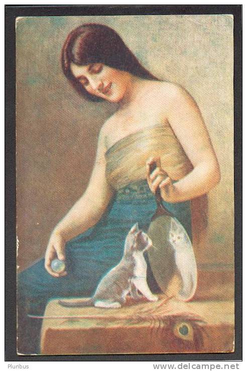 SEXY LADY WITH CAT KITTEN LOOKING AT MIRROR, Old Postcard - 1900-1949