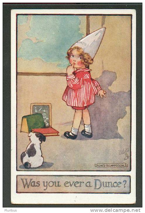 LITTLE GIRL WITH DOG PUPPY, WAS YOU EVER A DUNCE BY AGNES RICHARDSON, TUCK`S OILETTE POSTCARD - Biais