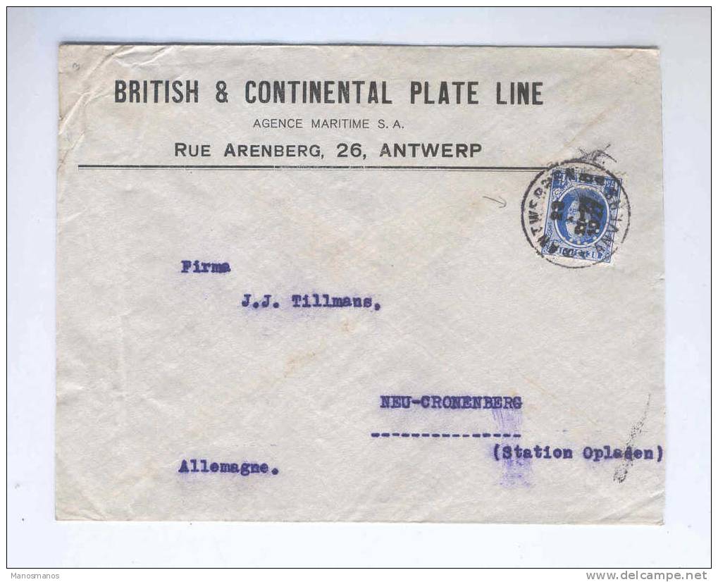 316/16 - Lettre TP Houyoux  1 F 75 C  PERFORE ANTWERPEN  1927  - Entete British § Continental Plate Line - 1909-34