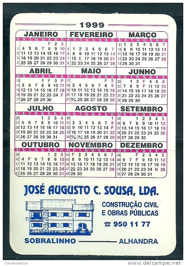 1999 Pocket Poche Bolsillo Bolso Calendar Calandrier Calendario Portugal - Small : 1991-00
