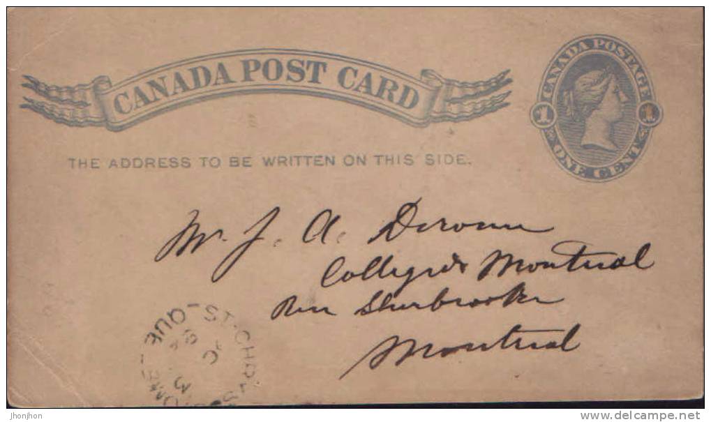 Canada-Postal Stationery Postcard Circulated In 1882- From St.Chrysostoms,to Montreal  - 2/scans - 1860-1899 Regno Di Victoria