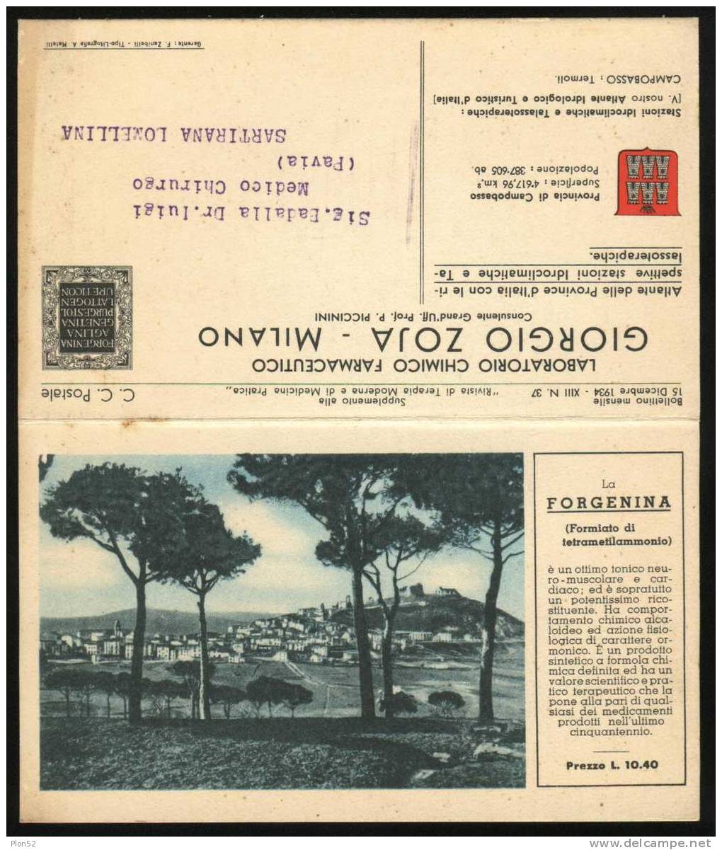 5024-CAMPOBASSO-ISERNIA-CARTINA DELLE PROVINCE-PUBBLICITA´ MEDICINALI-1934 - Isernia