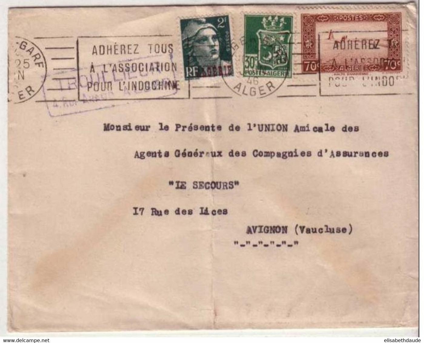 ALGERIE - 1946 - Yvert N°237+185+138 Sur LETTRE De ALGER GARE MECA INDOCHINE =>AVIGNON -  MARIANNE De GANDON + ARMOIRIES - Storia Postale