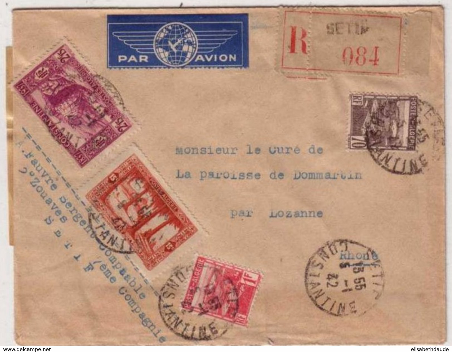 ALGERIE - 1942 - Yvert N°164+165+134+106 Sur LETTRE RECOMMANDEE Par AVION De SETIF Pour LOZANNE (RHONE) - Brieven En Documenten