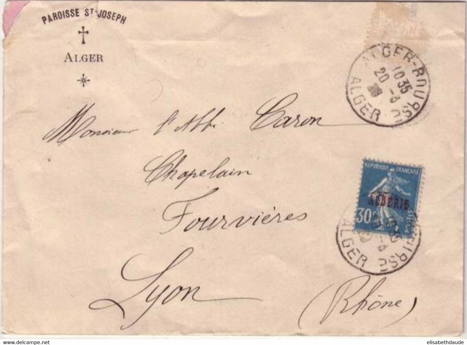 ALGERIE - 1928 - Yvert N°17 Seul Sur LETTRE EN-TETE PAROISSE ST JOSEPH De ALGER Pour LYON - SEMEUSE - Covers & Documents