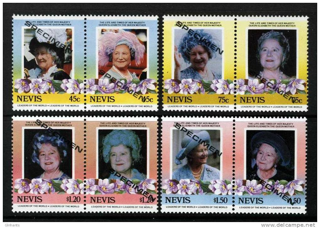 NEVIS - 1985 QUEEN MOTHER SET O/P SPECIMEN (8V) MNH ** - St.Kitts-et-Nevis ( 1983-...)