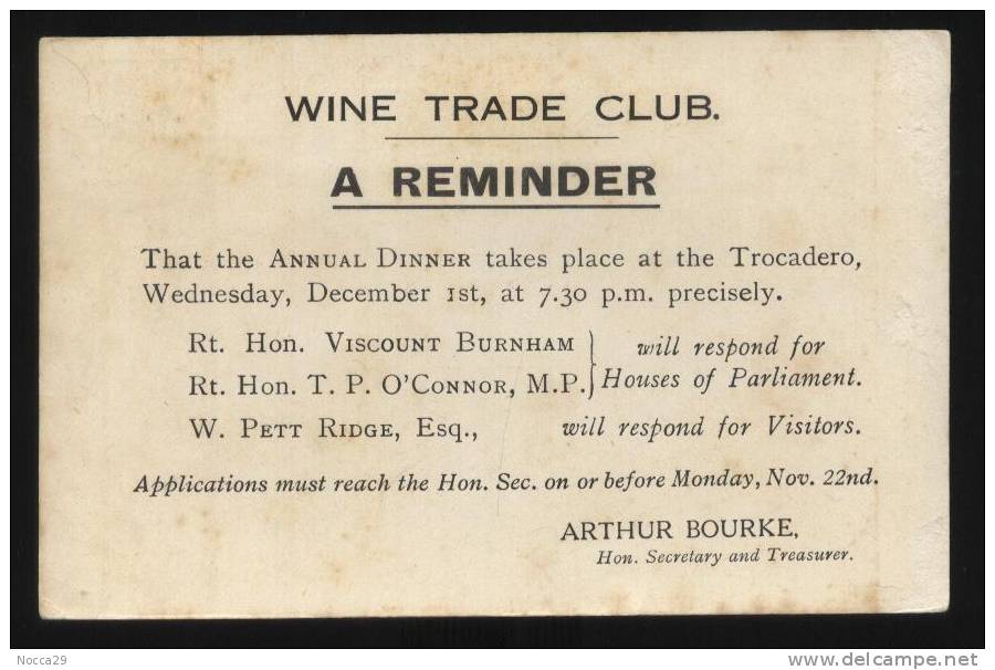 TORINO - PESSIONE - CARTOLINA INVITO DEL 1926 PER MARTINI E ROSSI - WINE TRADE CLUB LONDON - RARA!!! (CW39) - Receptions