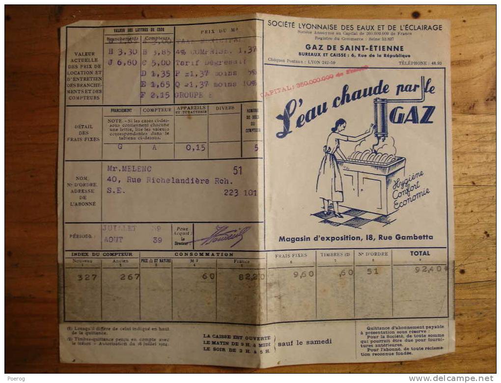 LOT DE 4 FACTURES DE GAZ DE SAINT ETIENNE ILLUSTREES - 1938 - 1944 - Elektrizität & Gas